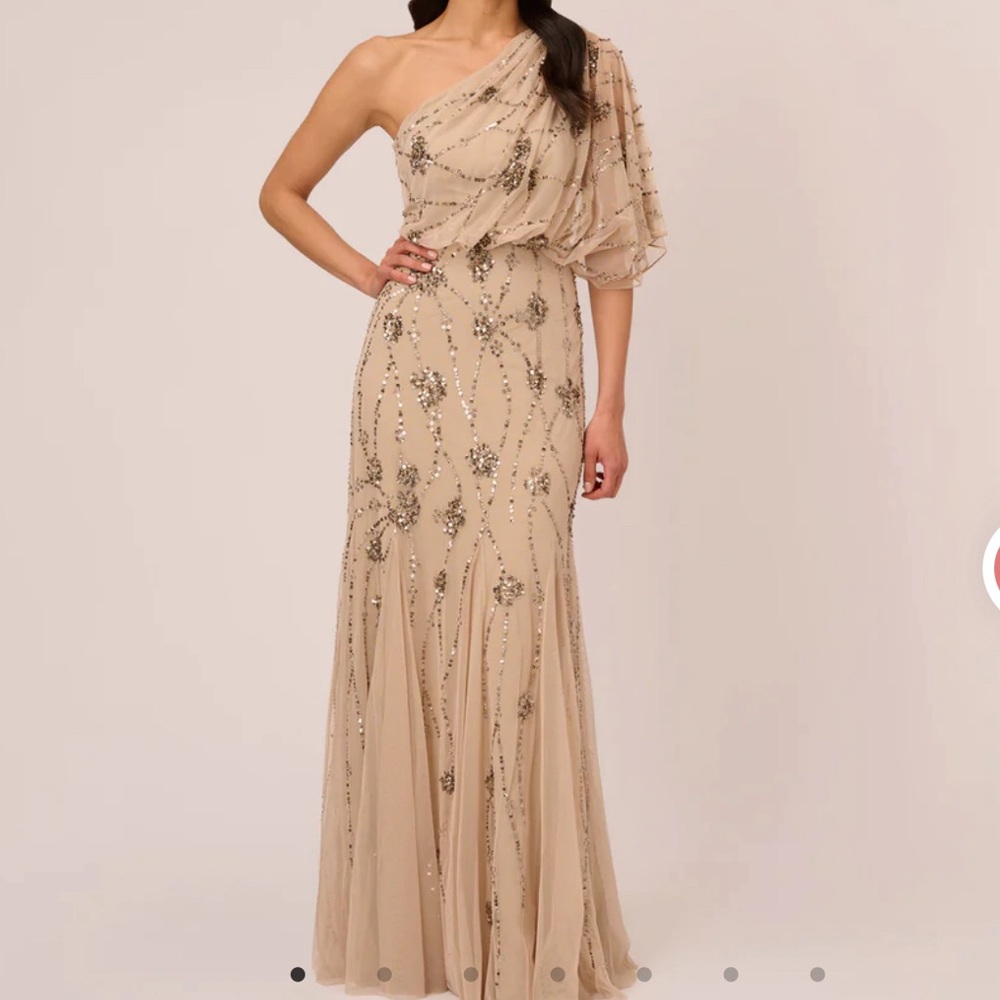Adrianna Papell One Shoulder Dress in Nude. Mother of the Bride, Wedding, Formal